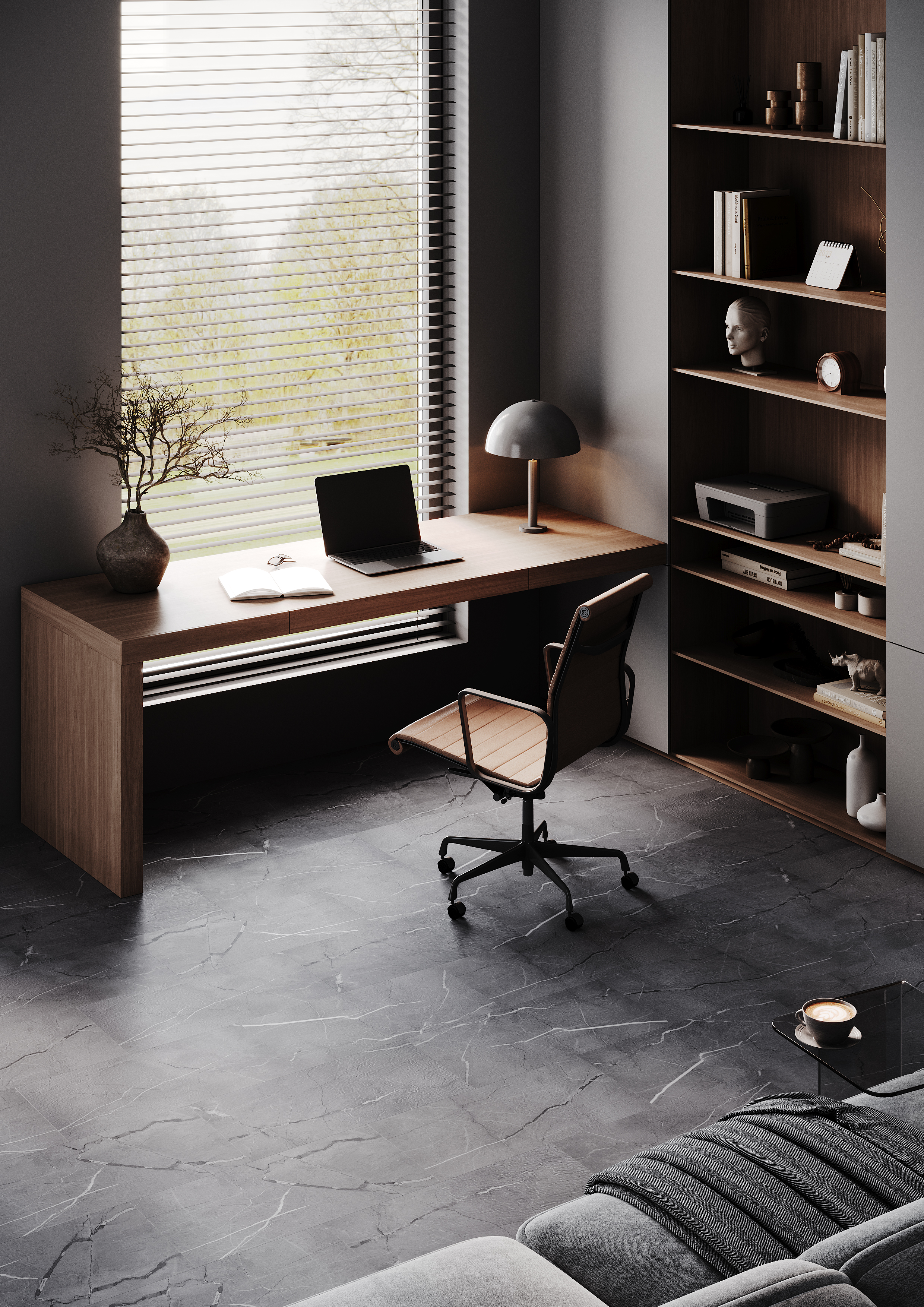 Кварцвиниловый SPC ламинат Home Expert Rock Graphite 9108 610×305×4 фото в интерьере